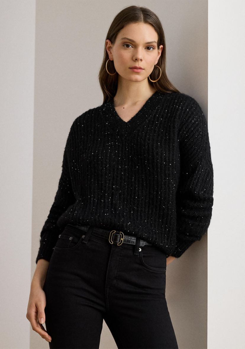 Womens Sequined Rib-Knit V-Neck Sweater