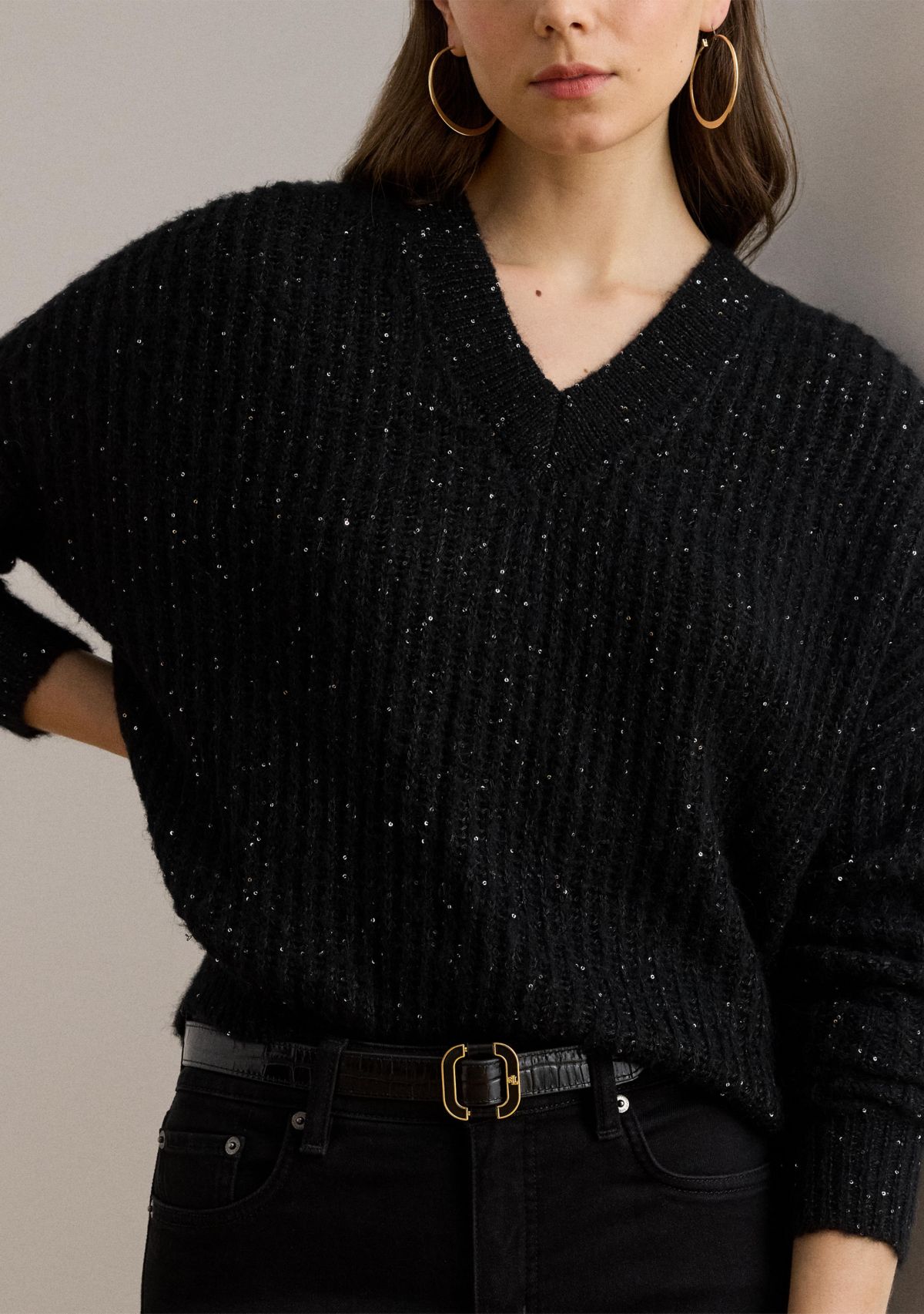 Womens Sequined Rib-Knit V-Neck Sweater