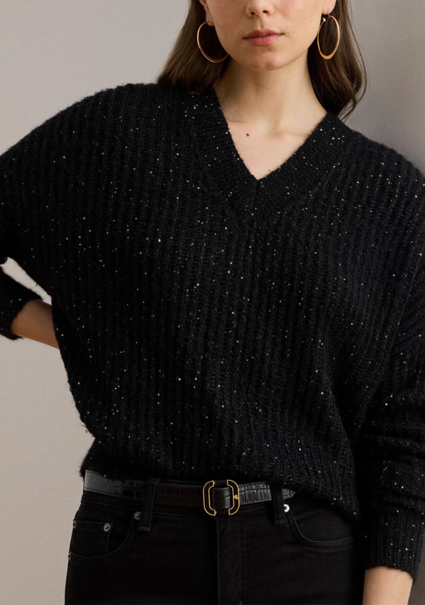 Womens Sequined Rib-Knit V-Neck Sweater