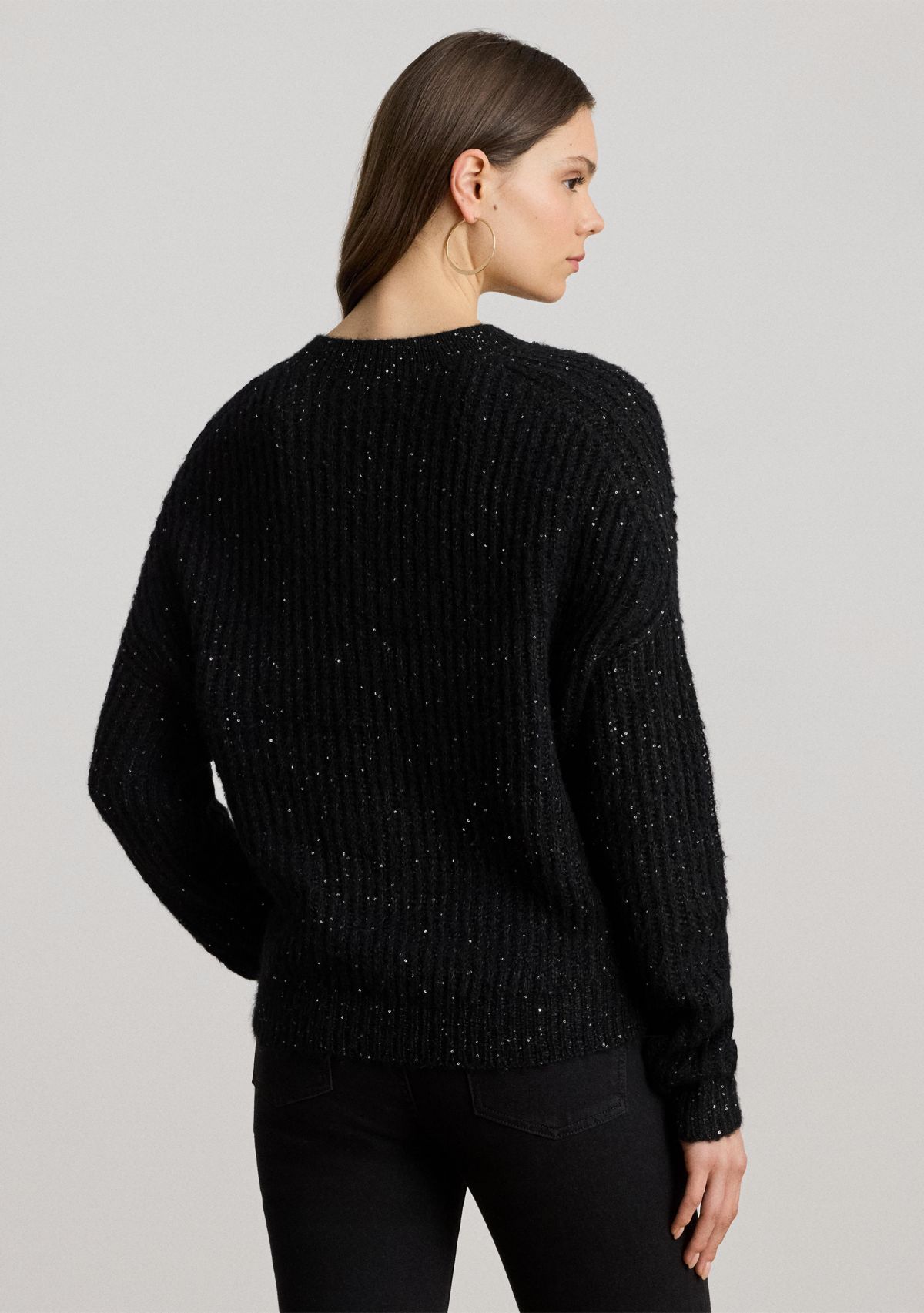 Womens Sequined Rib-Knit V-Neck Sweater