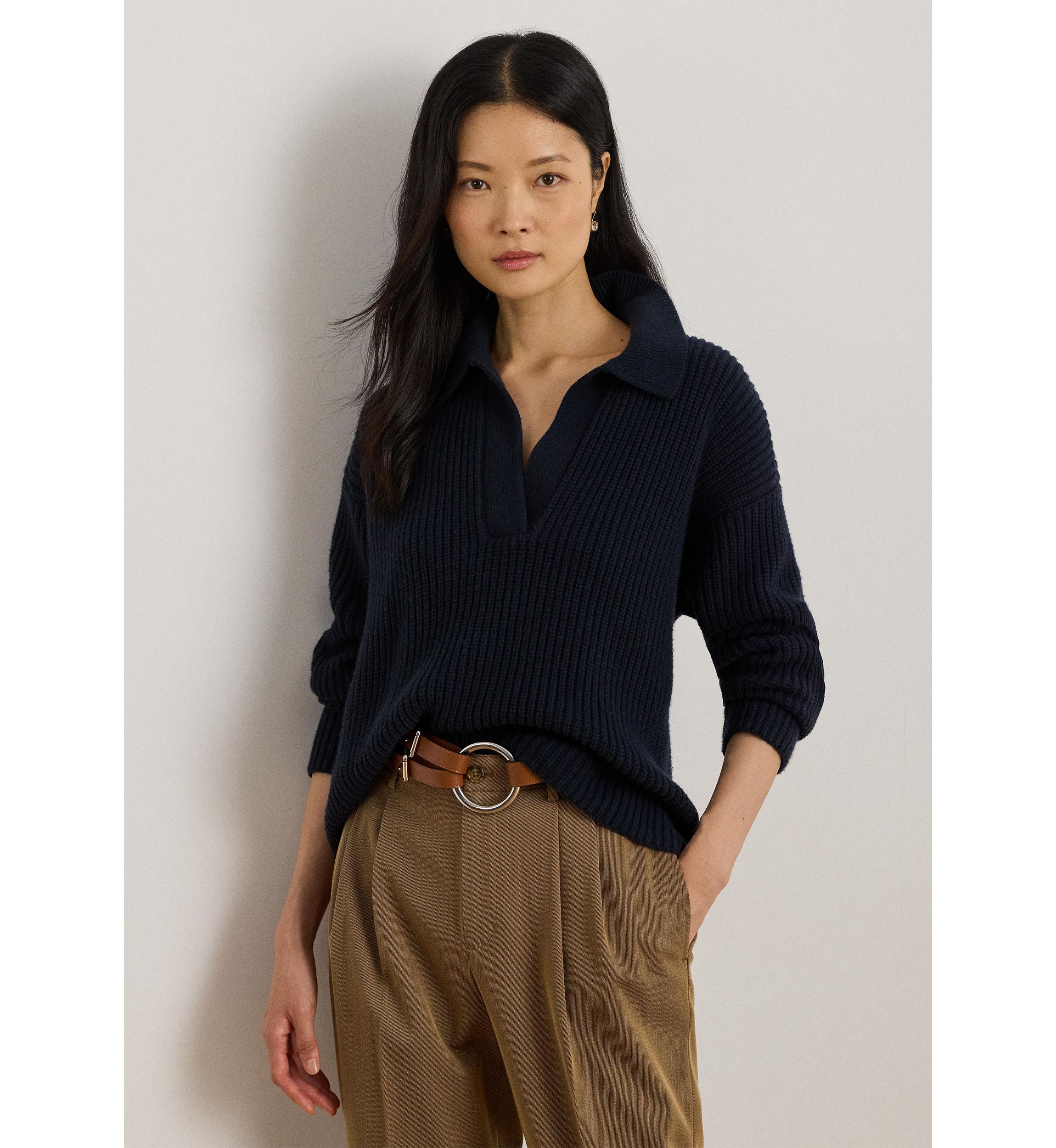 Womens Wool-Blend Polo Sweater