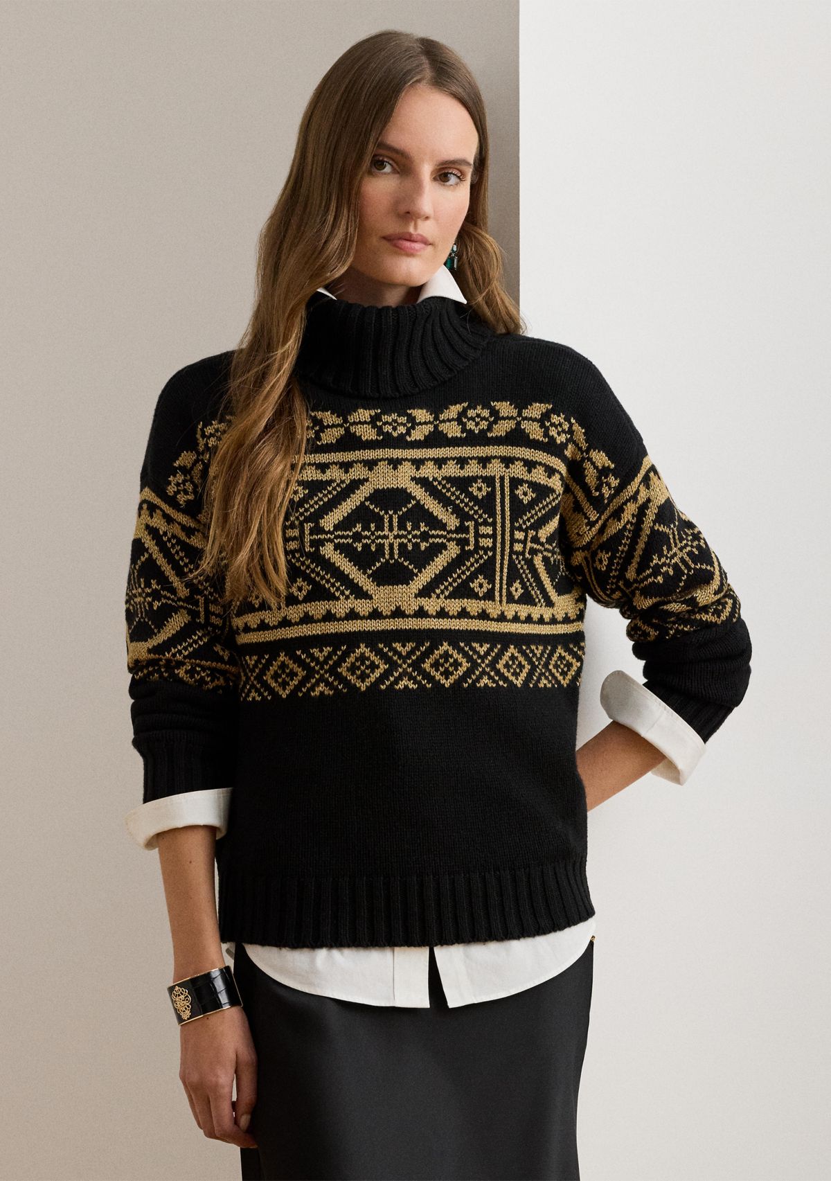 Womens Fair Isle Wool-Blend Turtleneck Sweater