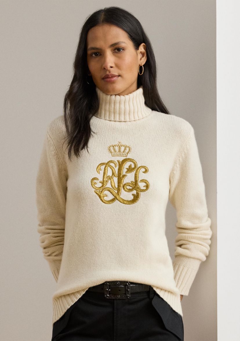 Womens Embroidered-Logo Wool-Blend Turtleneck