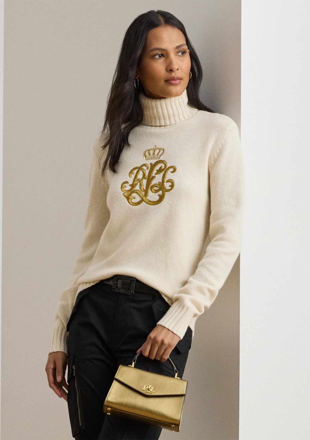 Womens Embroidered-Logo Wool-Blend Turtleneck