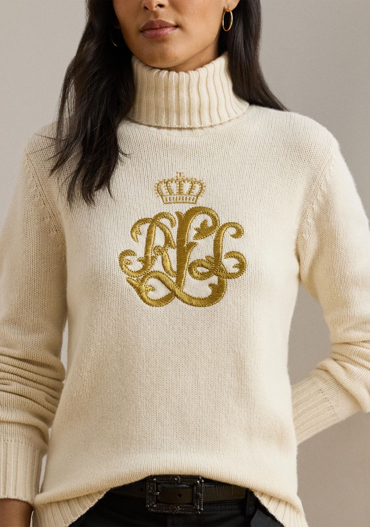 Womens Embroidered-Logo Wool-Blend Turtleneck