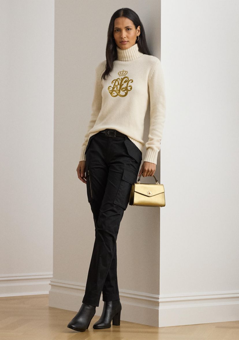 Womens Embroidered-Logo Wool-Blend Turtleneck