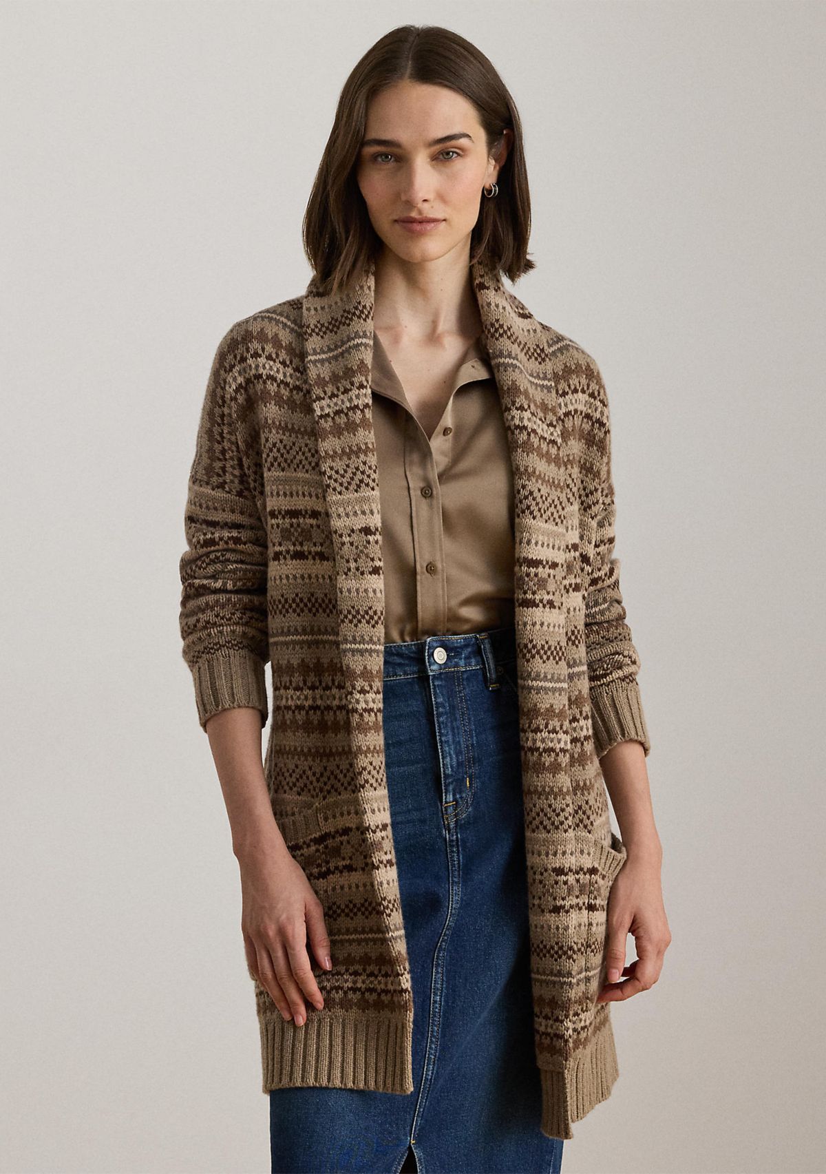 Womens Fair Isle Belted Wool-Blend Cardigan
