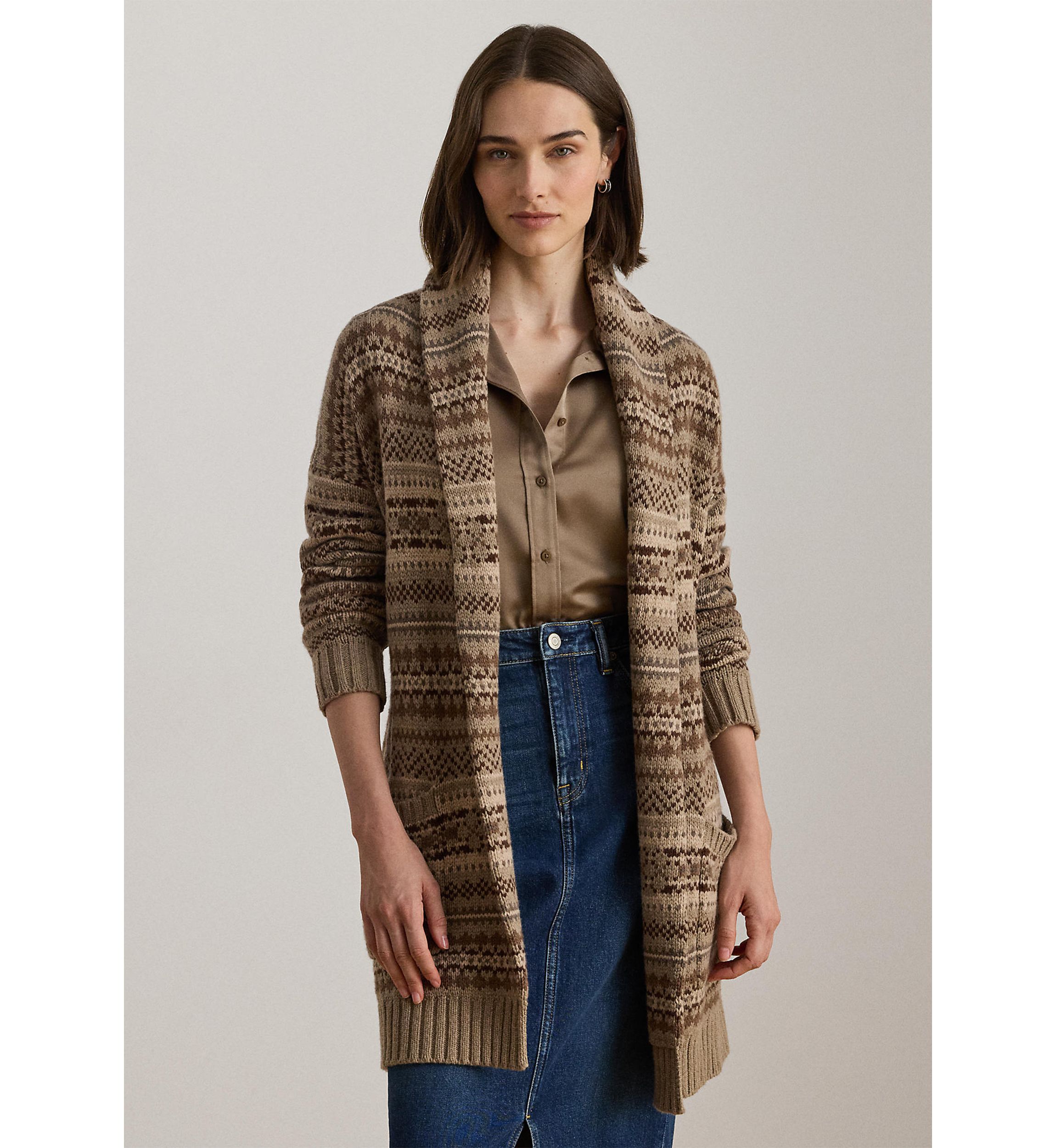 Womens Fair Isle Belted Wool-Blend Cardigan
