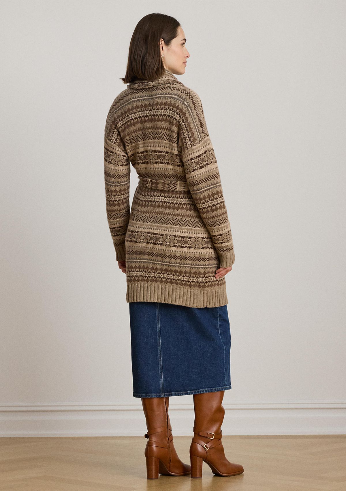 Womens Fair Isle Belted Wool-Blend Cardigan