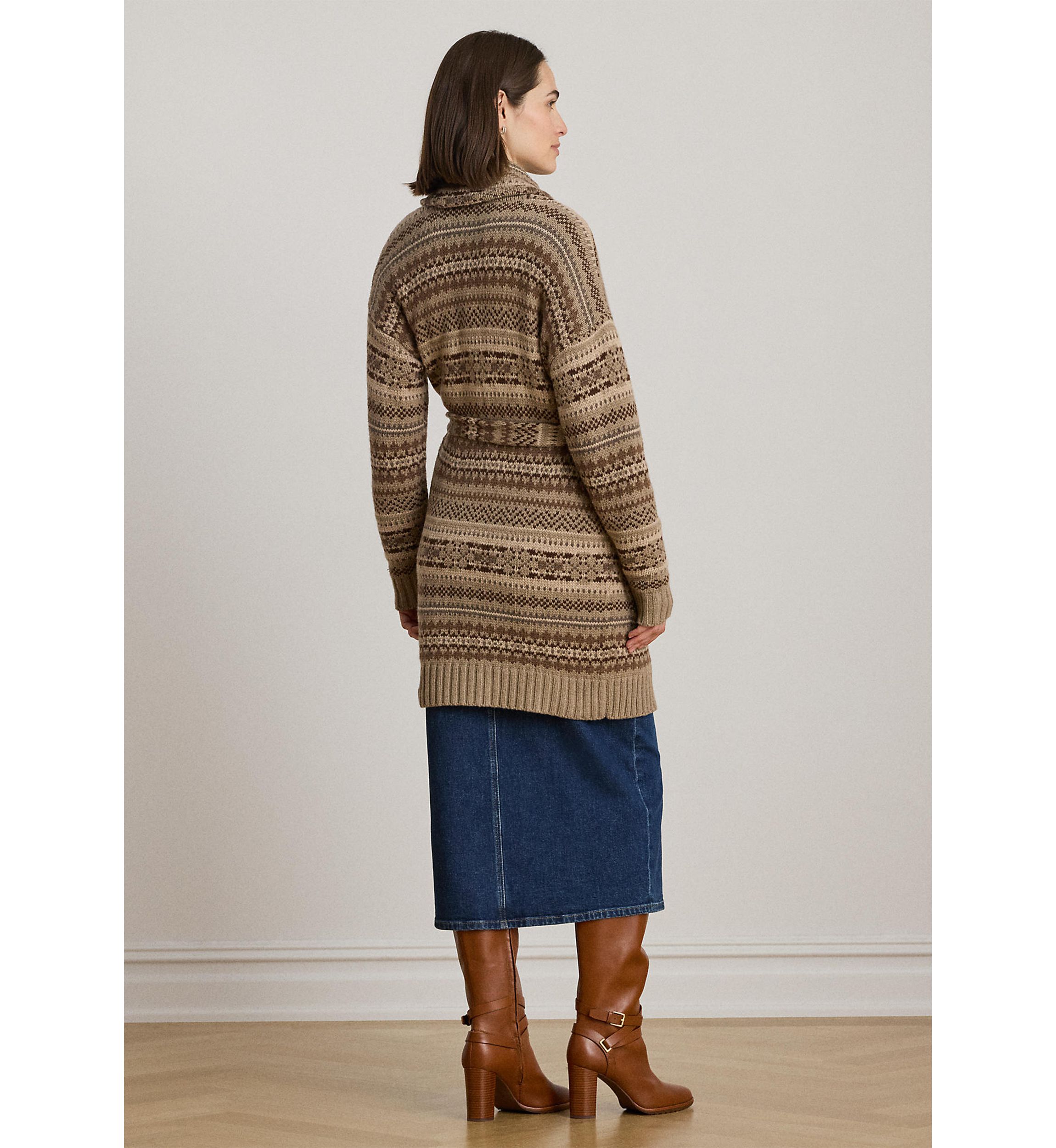 Womens Fair Isle Belted Wool-Blend Cardigan