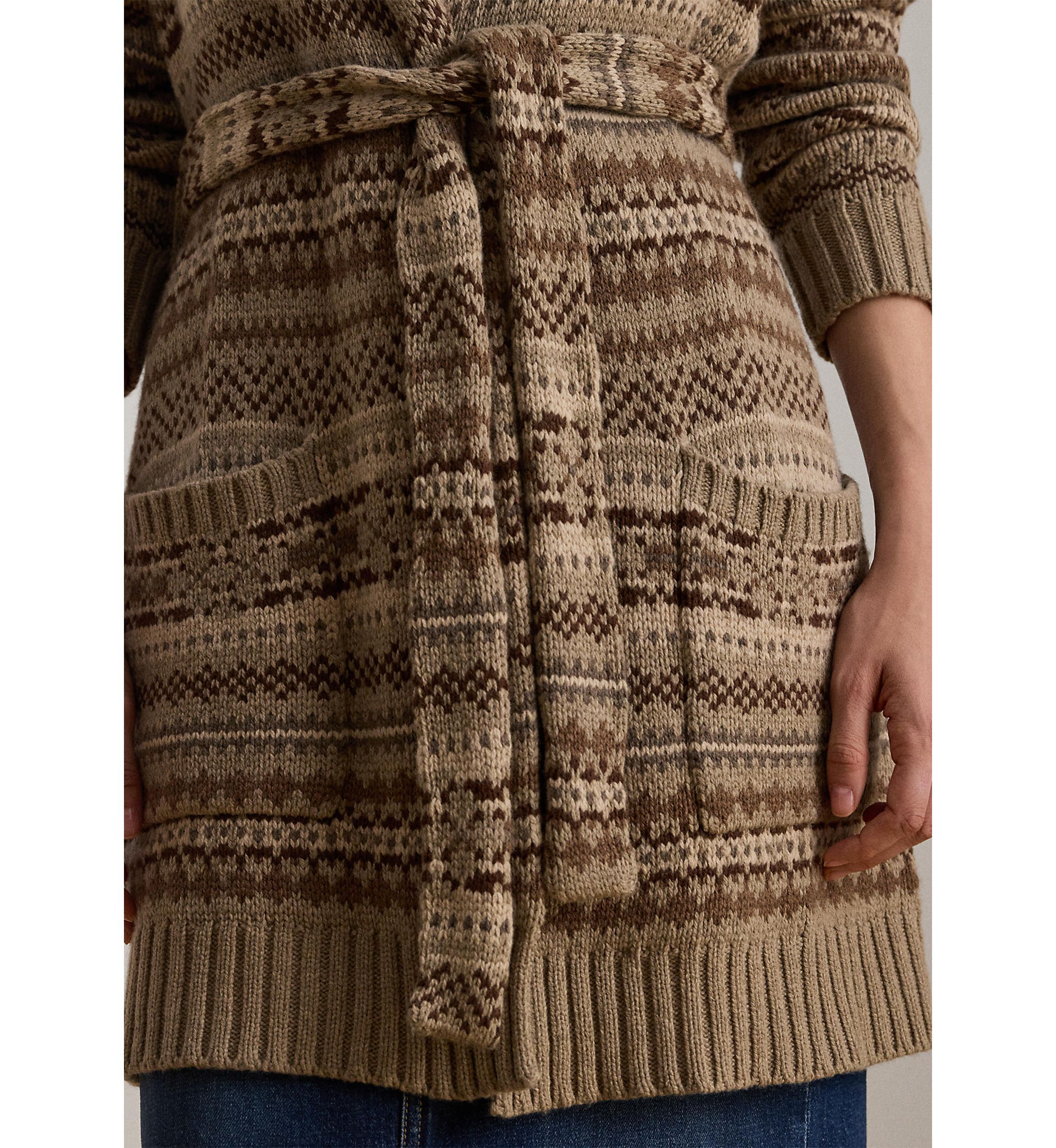 Womens Fair Isle Belted Wool-Blend Cardigan