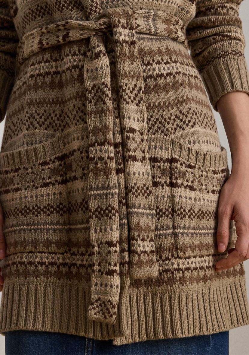Womens Fair Isle Belted Wool-Blend Cardigan