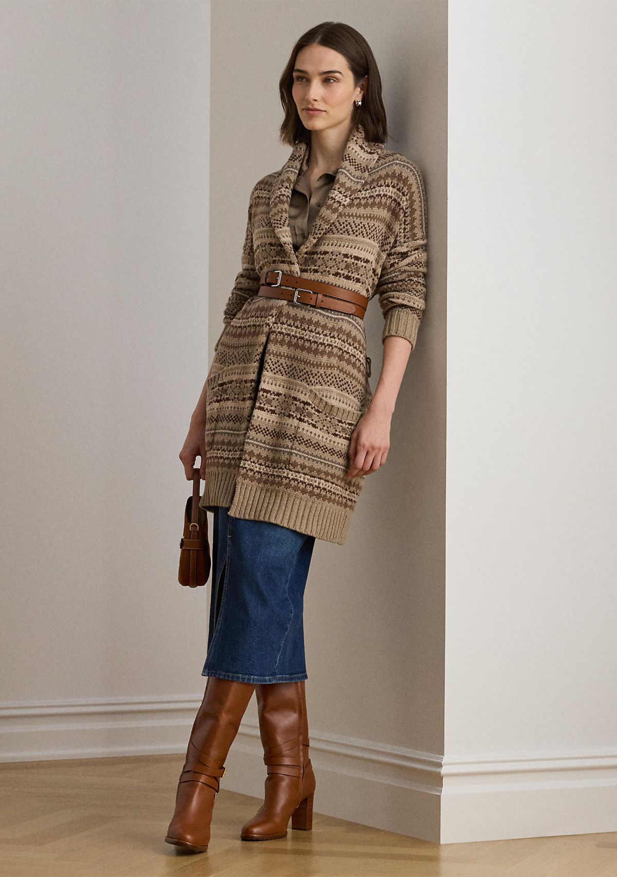 Womens Fair Isle Belted Wool-Blend Cardigan