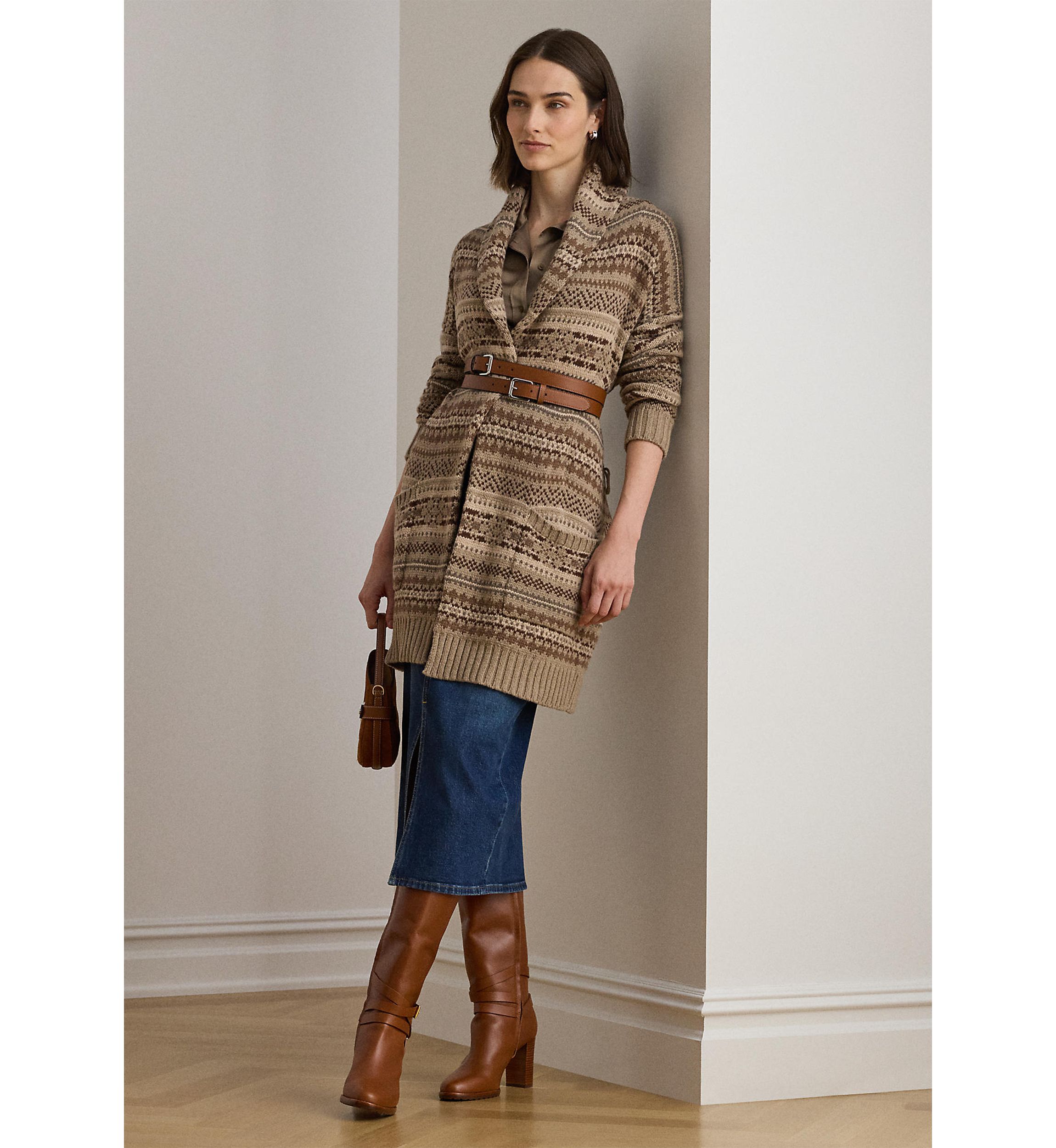Womens Fair Isle Belted Wool-Blend Cardigan