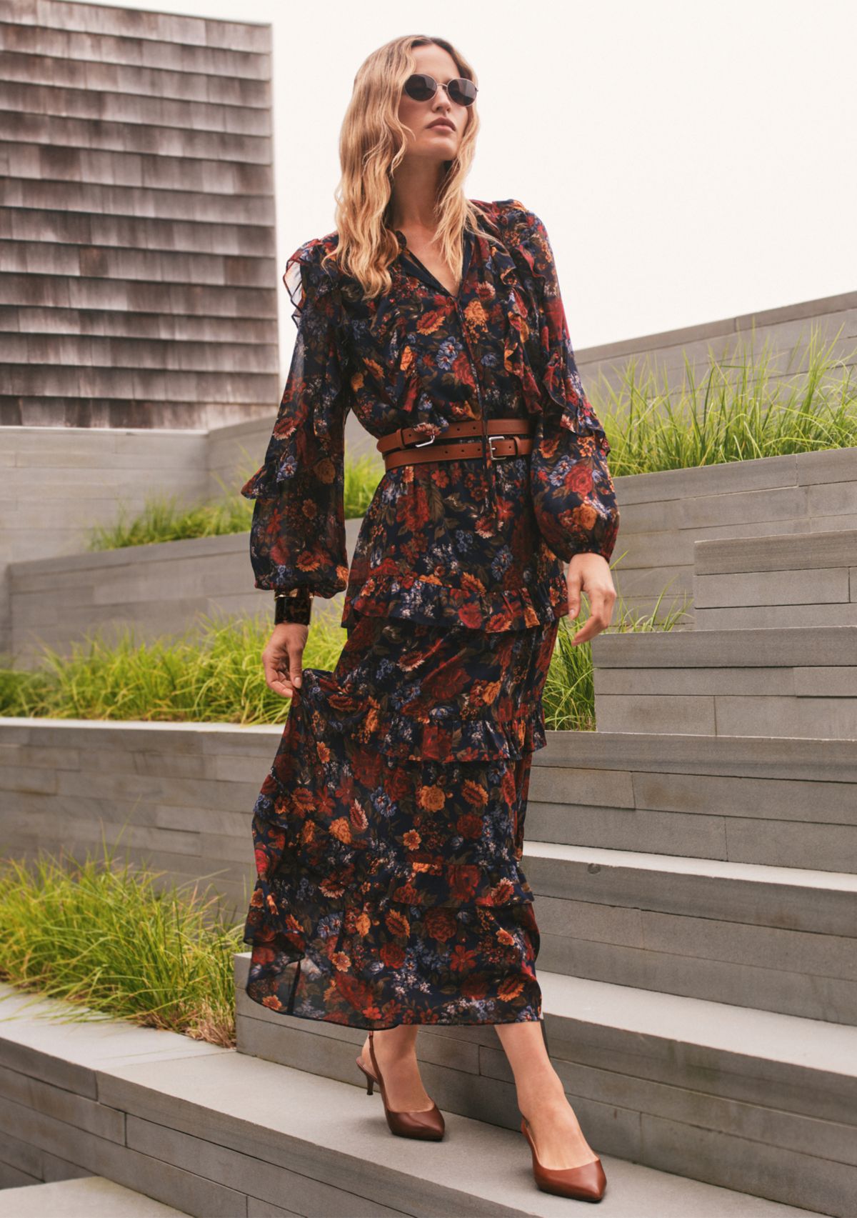 Floral Crinkle Georgette Tiered Dress
