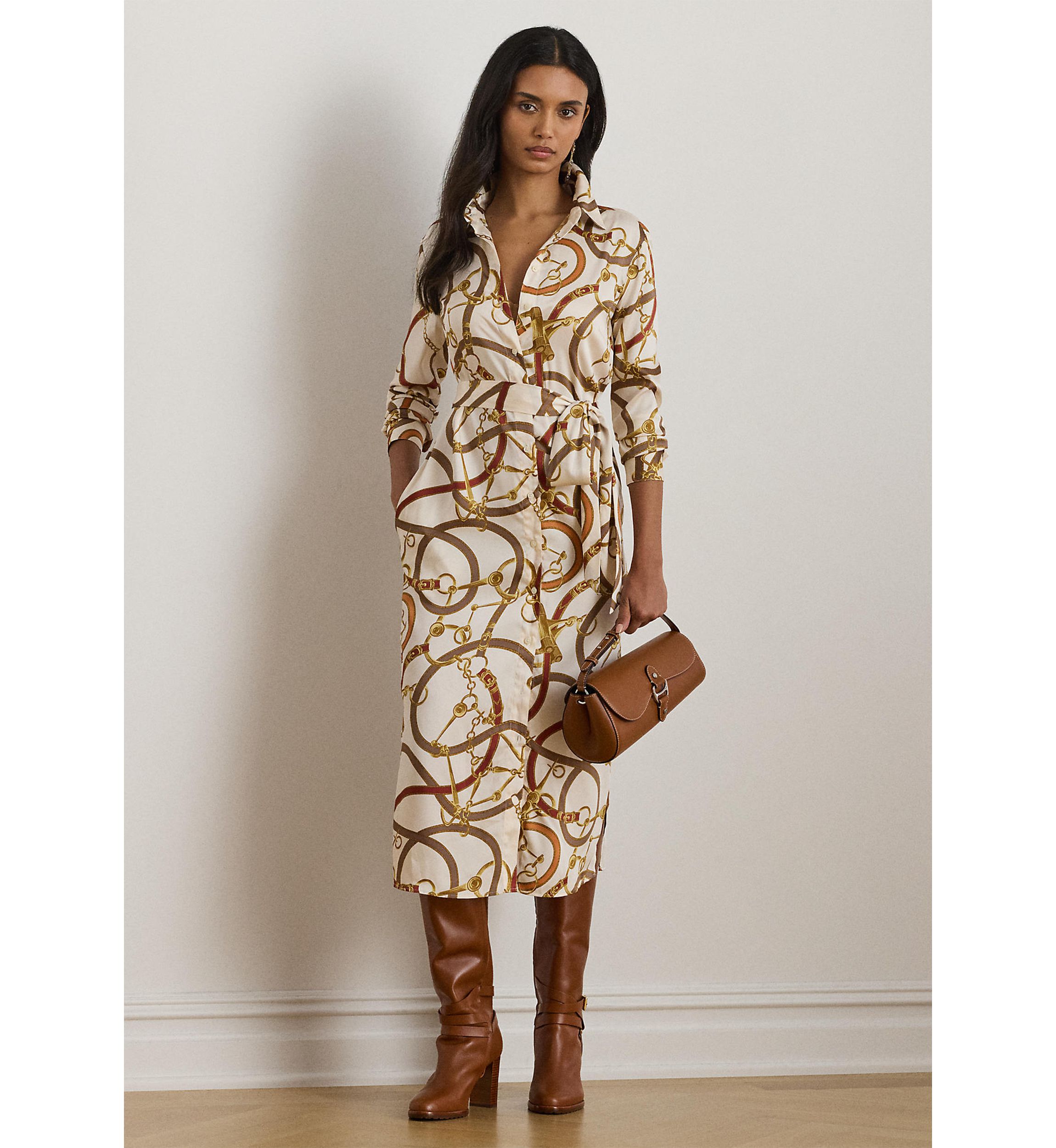 Belting-Print Twill Shirtdress