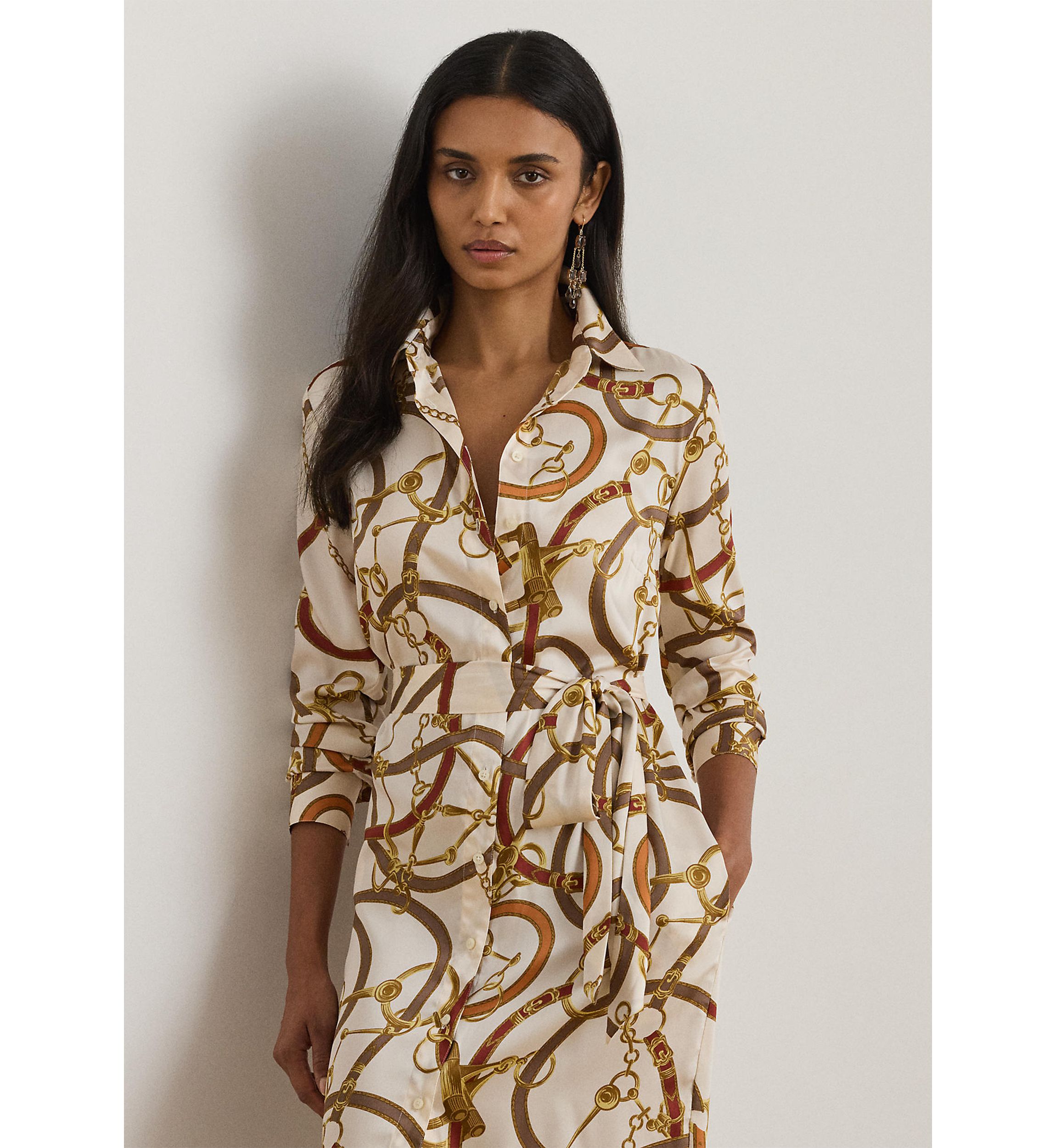 Belting-Print Twill Shirtdress