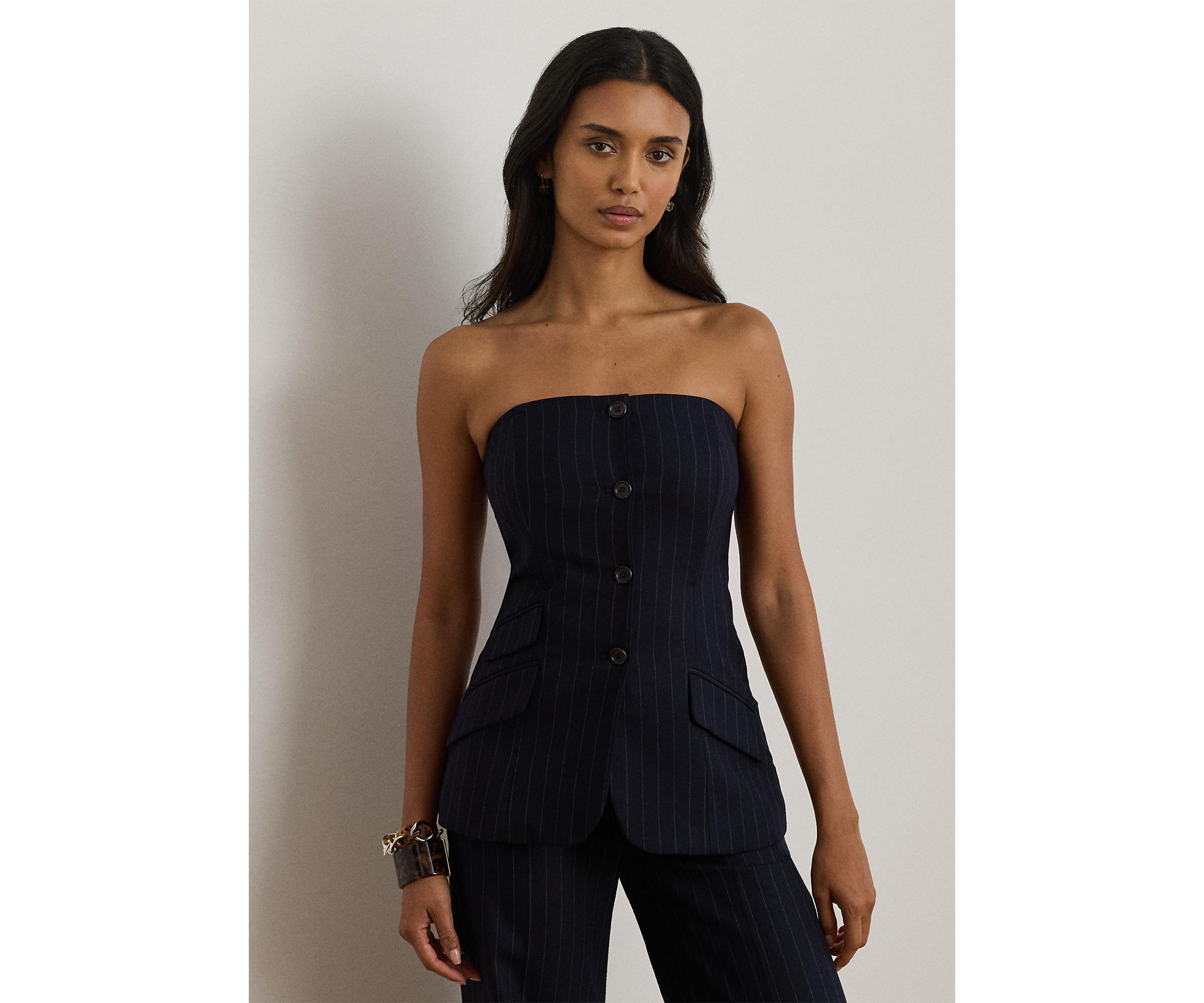Pinstripe Wool-Blend Twill Bustier
