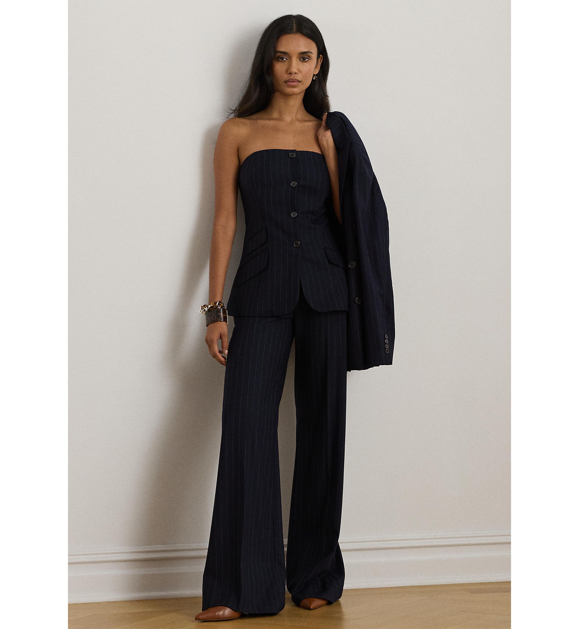 Pinstripe Wool-Blend Twill Bustier