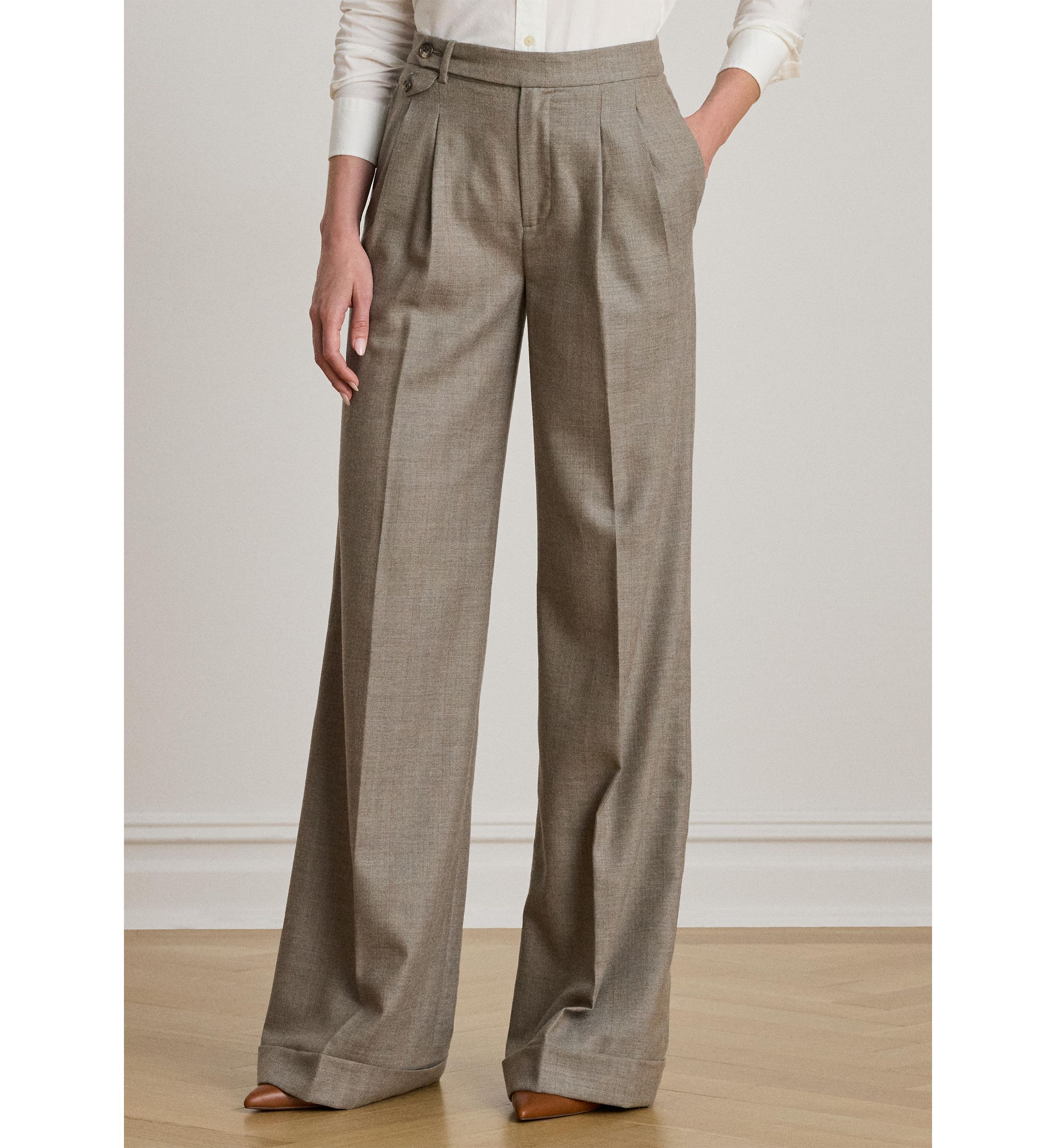 Womens Pleated Wool Herringbone Wide-Leg Pants