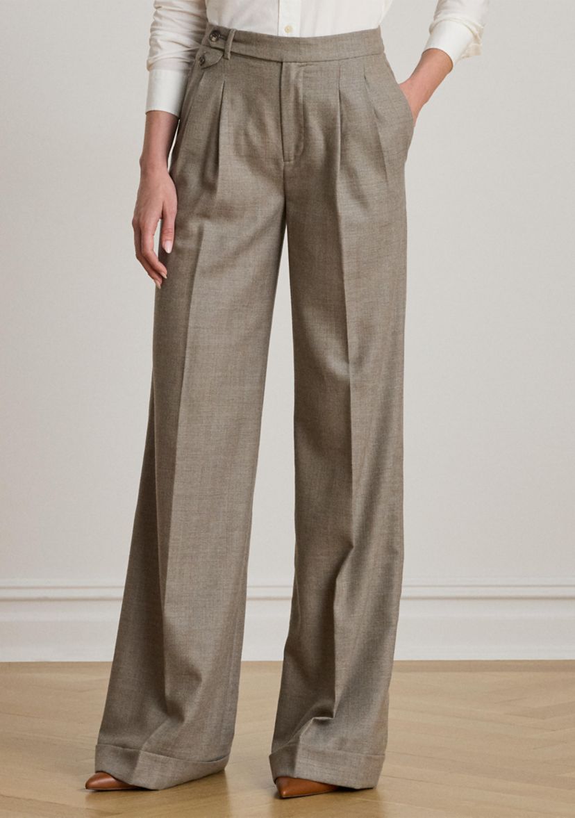 Womens Pleated Wool Herringbone Wide-Leg Pants