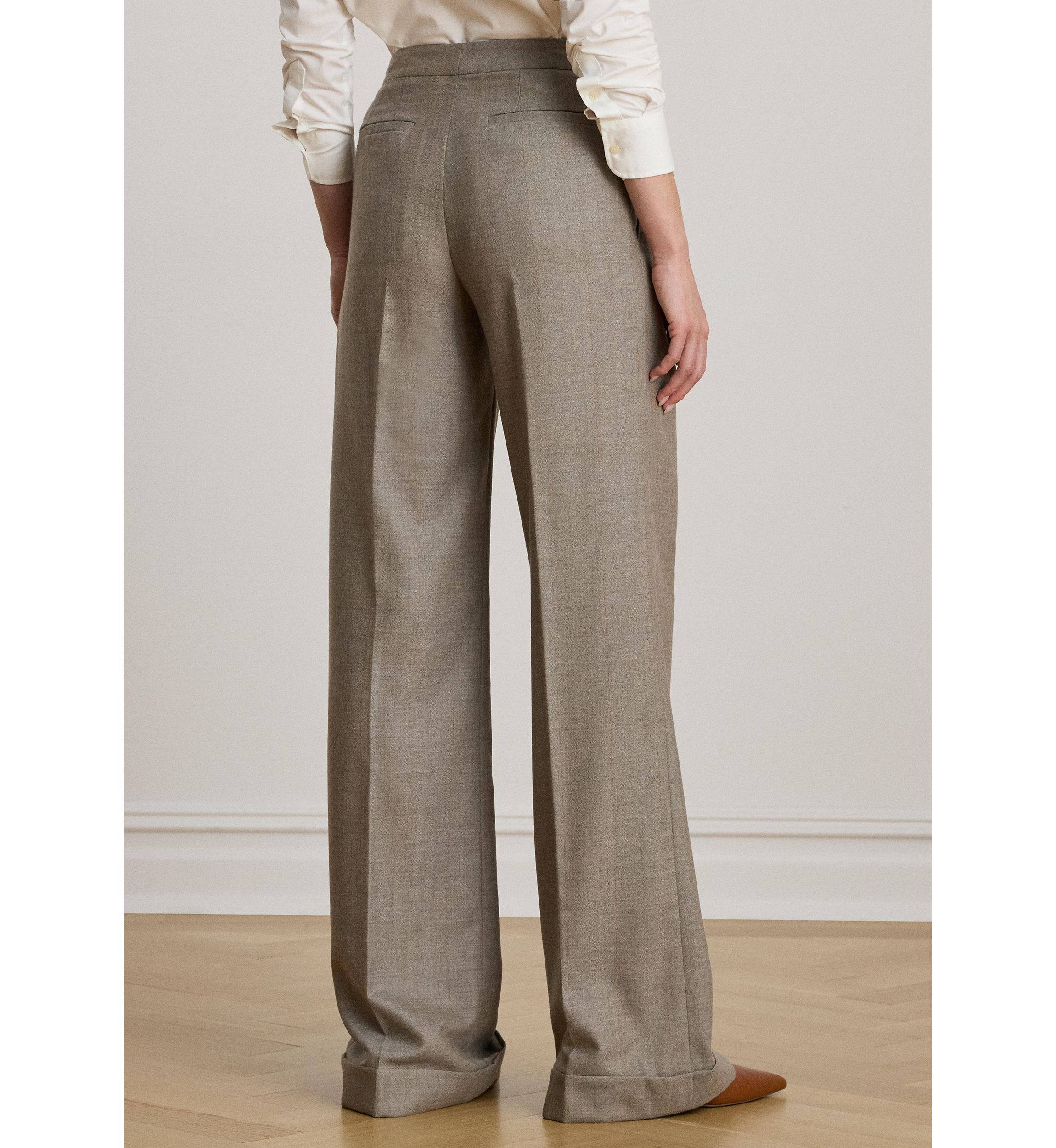 Womens Pleated Wool Herringbone Wide-Leg Pants