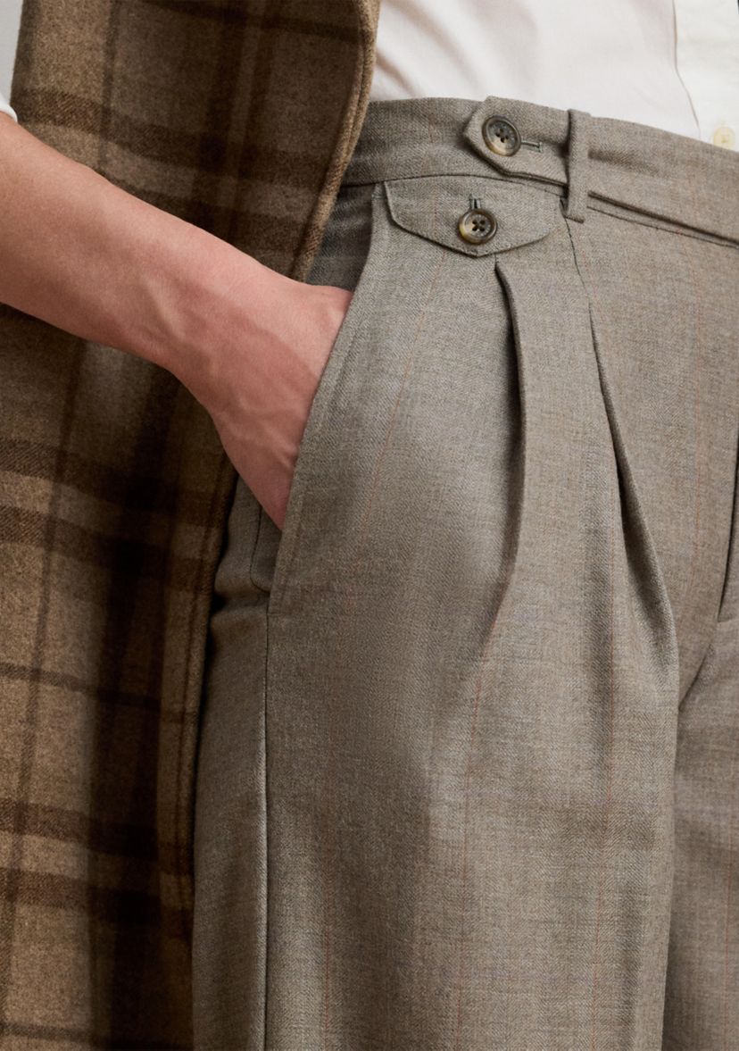Womens Pleated Wool Herringbone Wide-Leg Pants