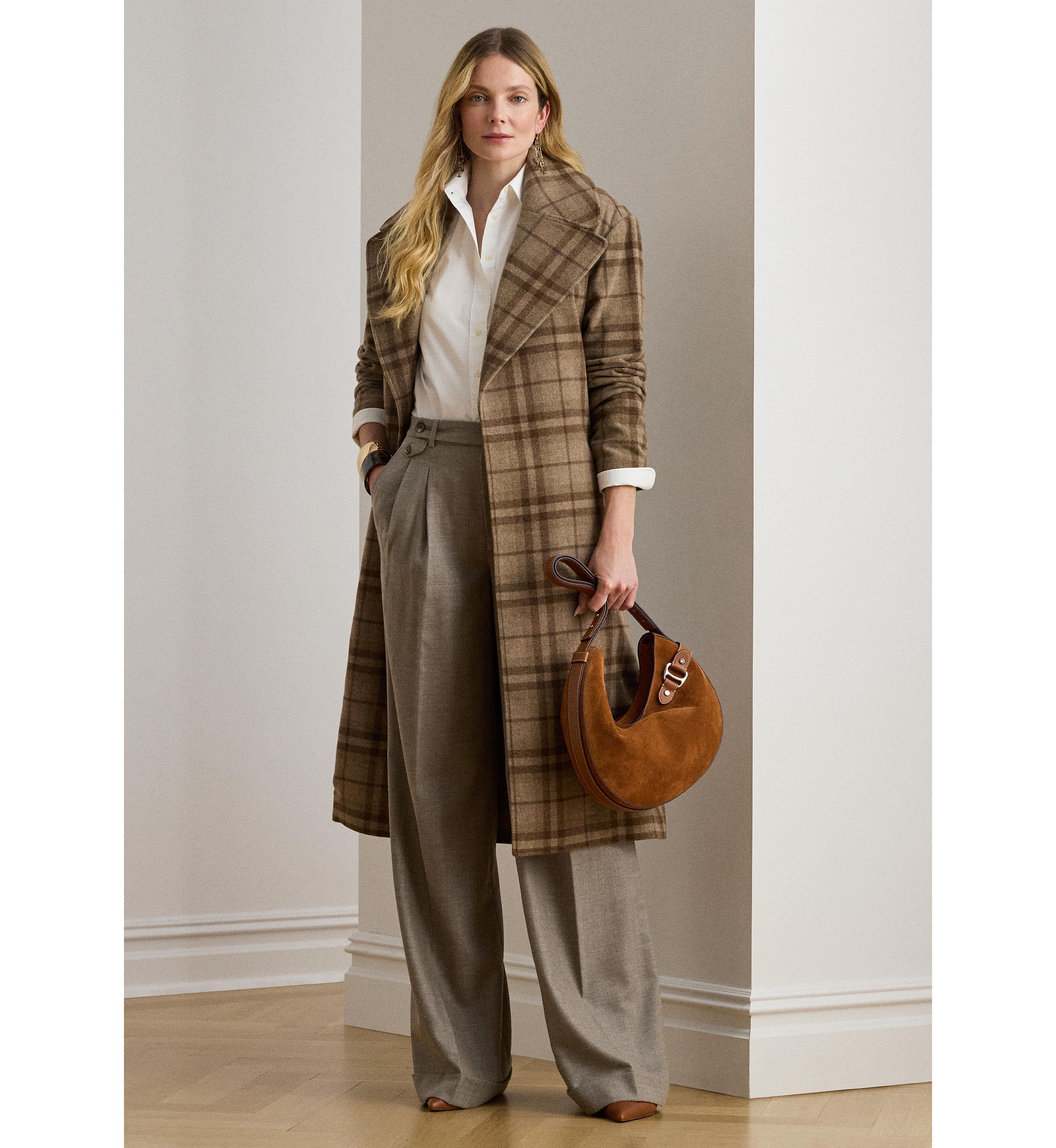 Womens Pleated Wool Herringbone Wide-Leg Pants