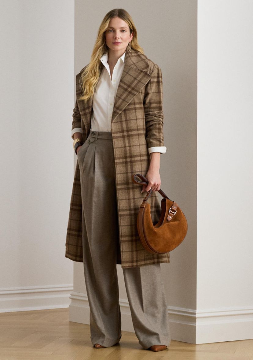 Womens Pleated Wool Herringbone Wide-Leg Pants