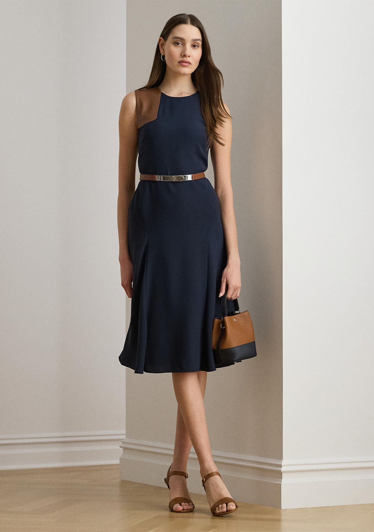 Faux-Leather-Trim Georgette Dress