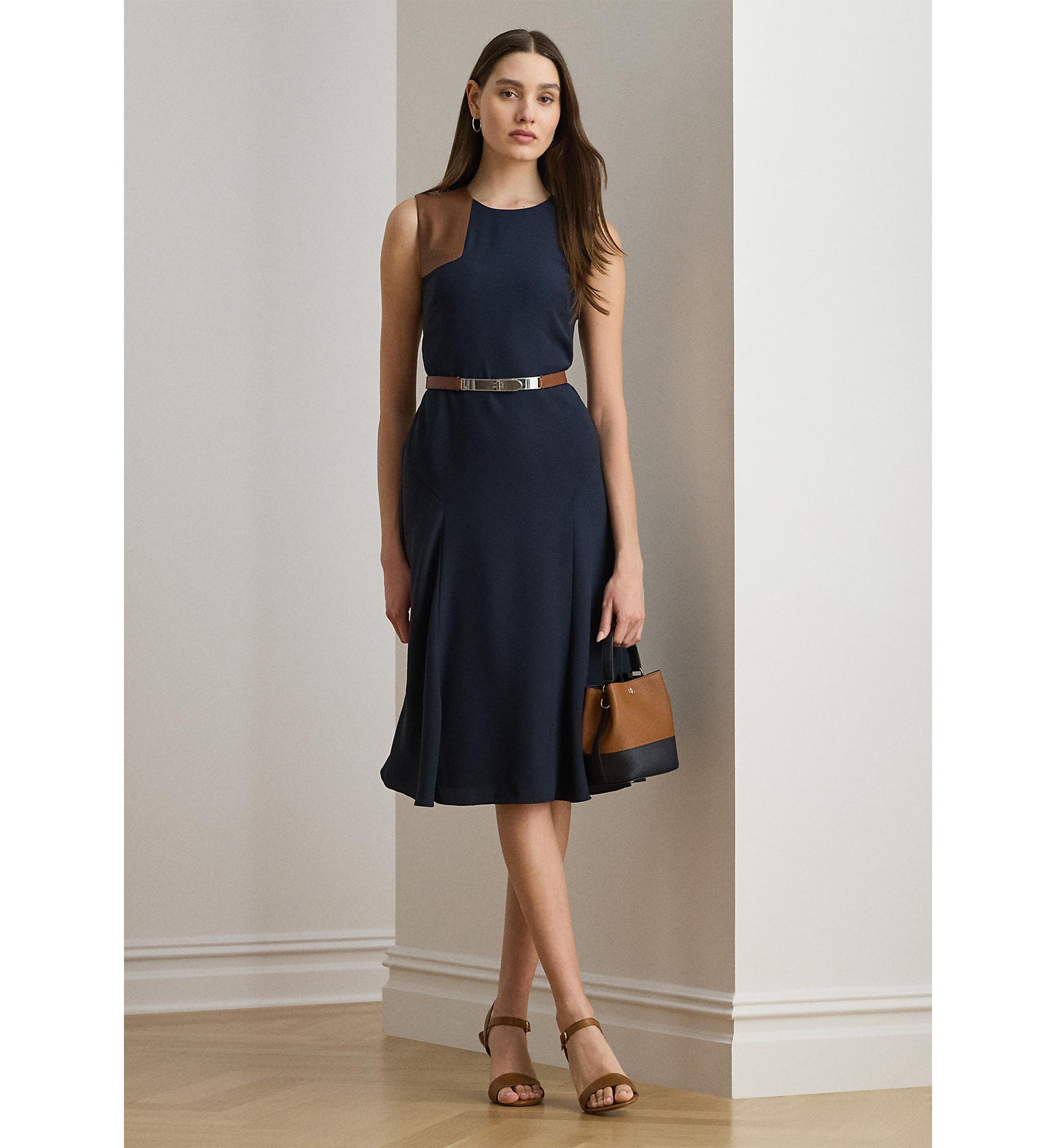 Faux-Leather-Trim Georgette Dress