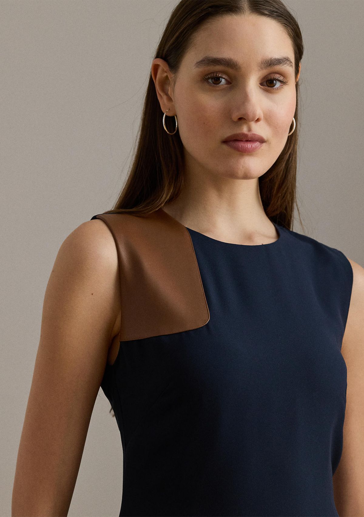 Faux-Leather-Trim Georgette Dress