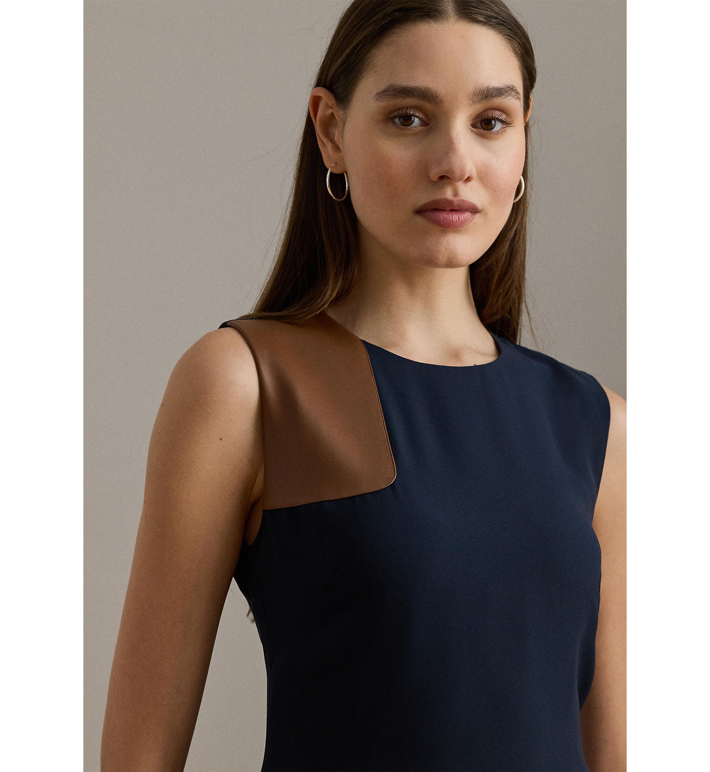 Faux-Leather-Trim Georgette Dress