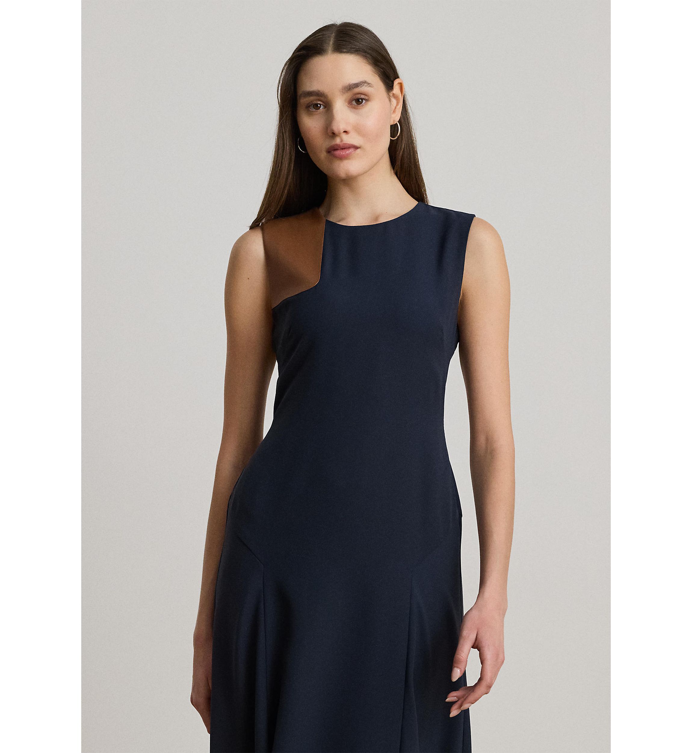 Faux-Leather-Trim Georgette Dress