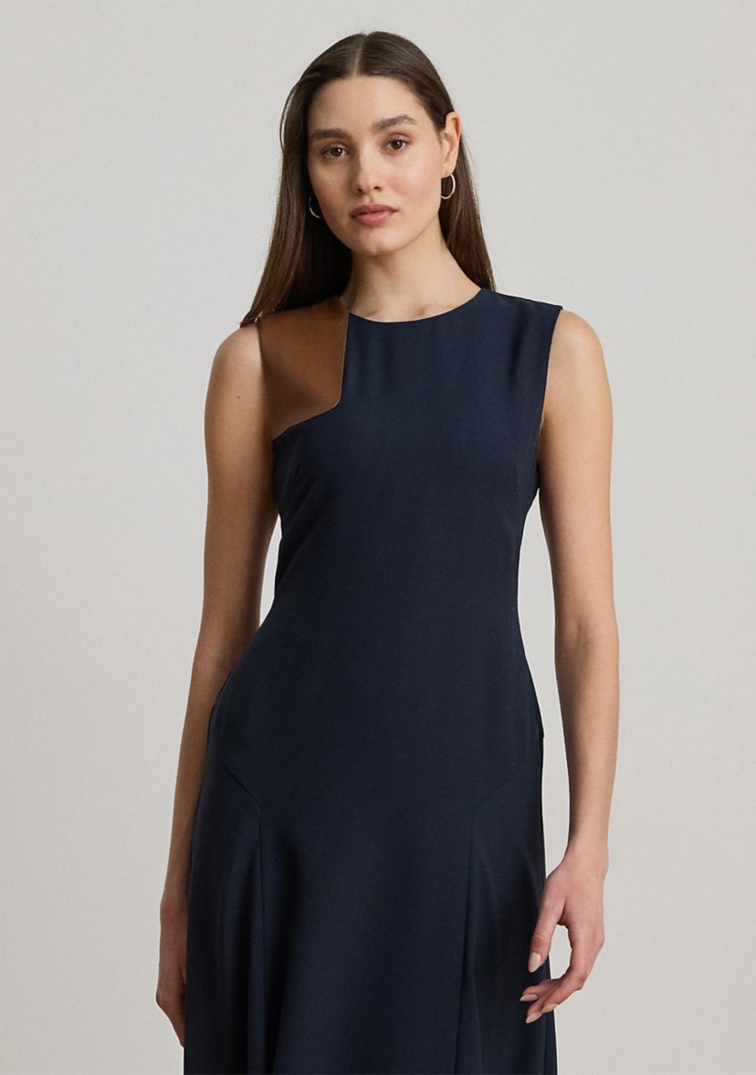 Faux-Leather-Trim Georgette Dress