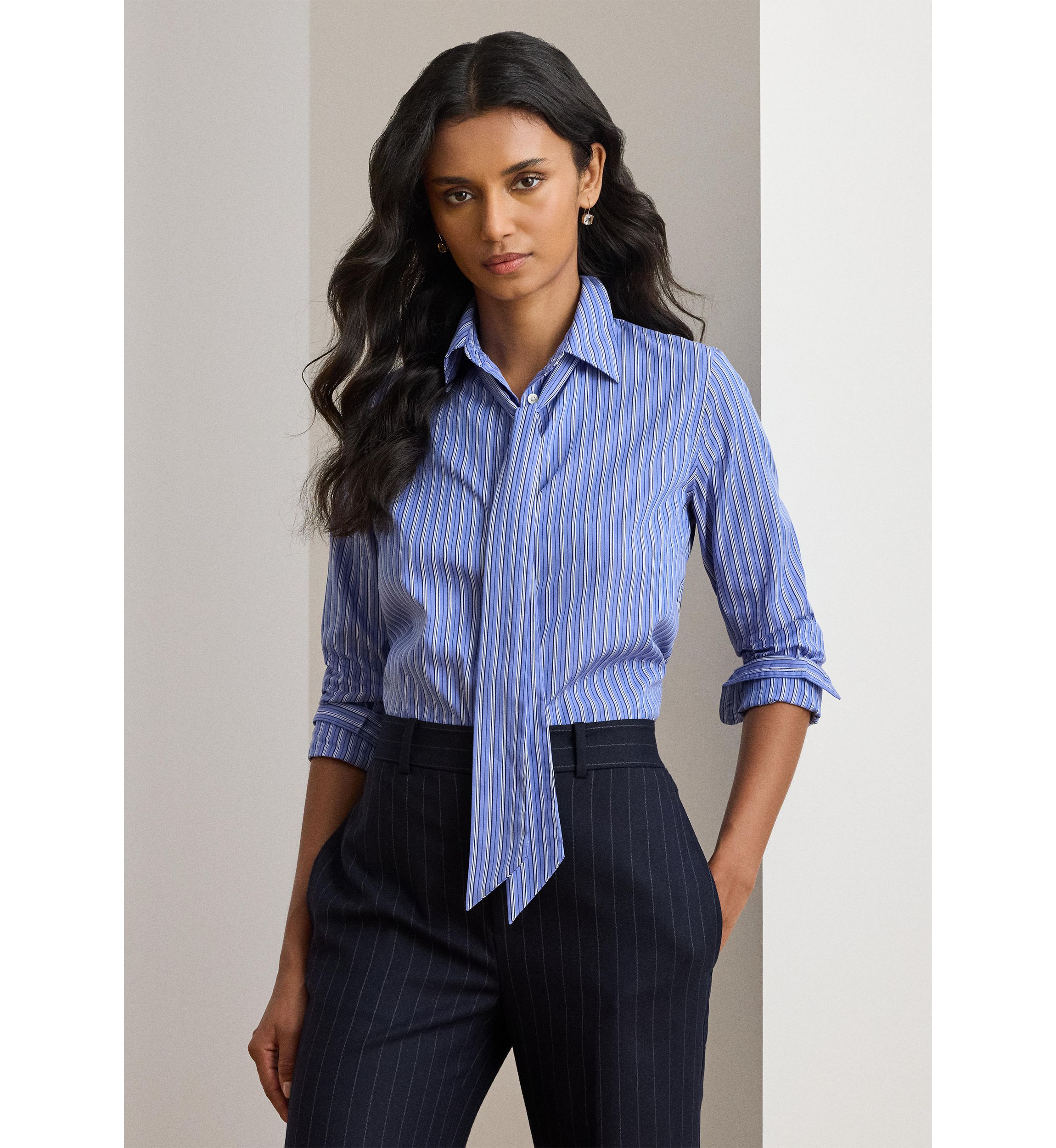Classic Fit Striped Tie-Neck Shirt