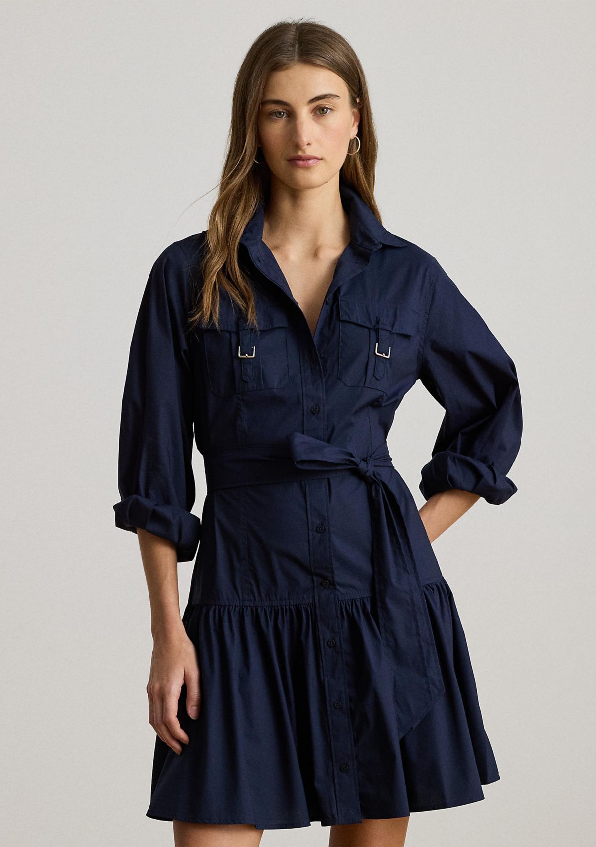 Womens Buckle-Trim Cotton-Blend Dress