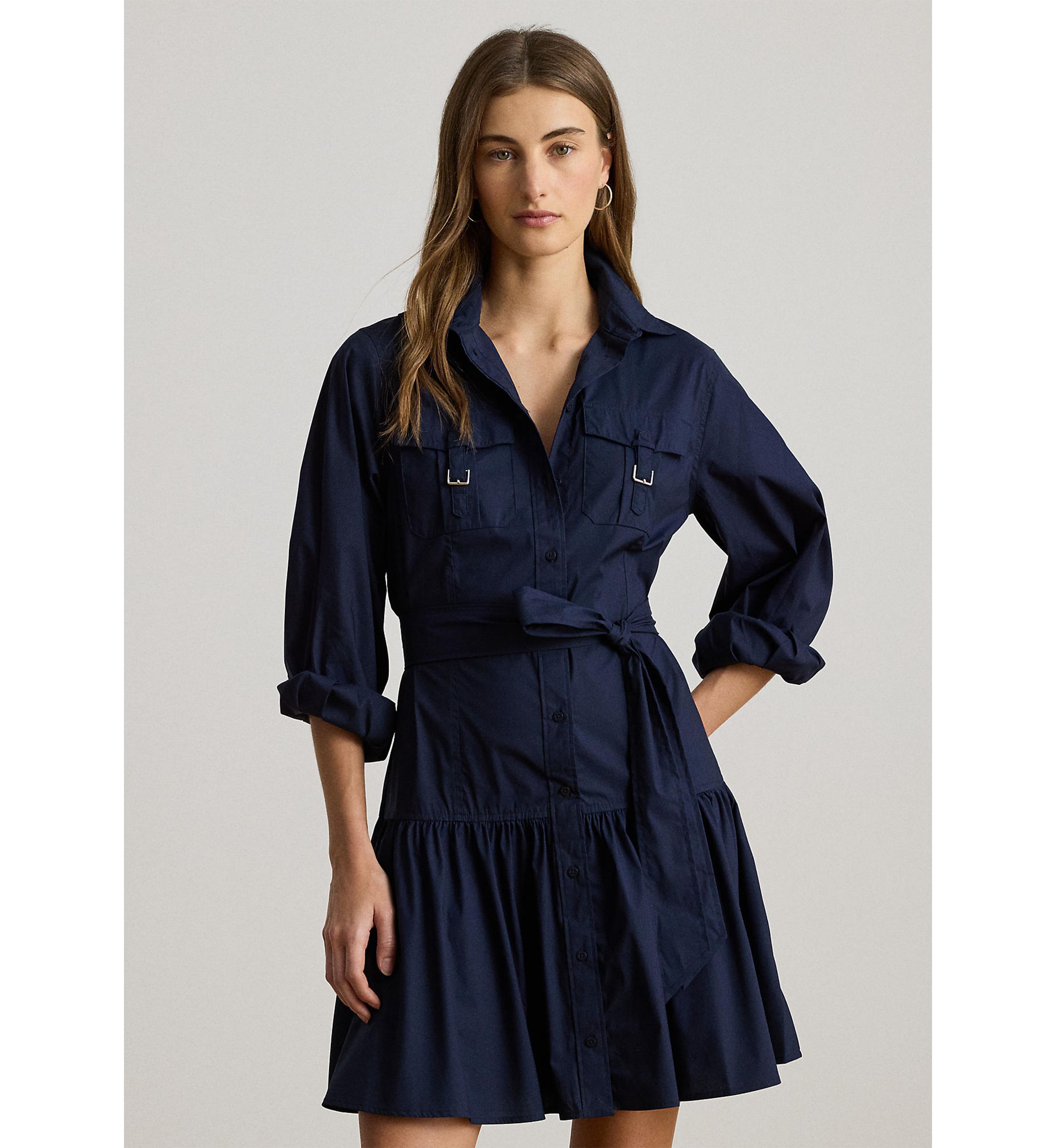 Womens Buckle-Trim Cotton-Blend Dress