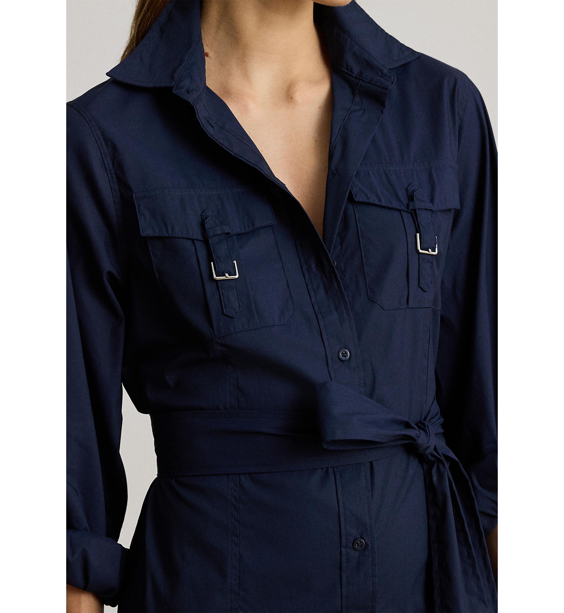 Womens Buckle-Trim Cotton-Blend Dress