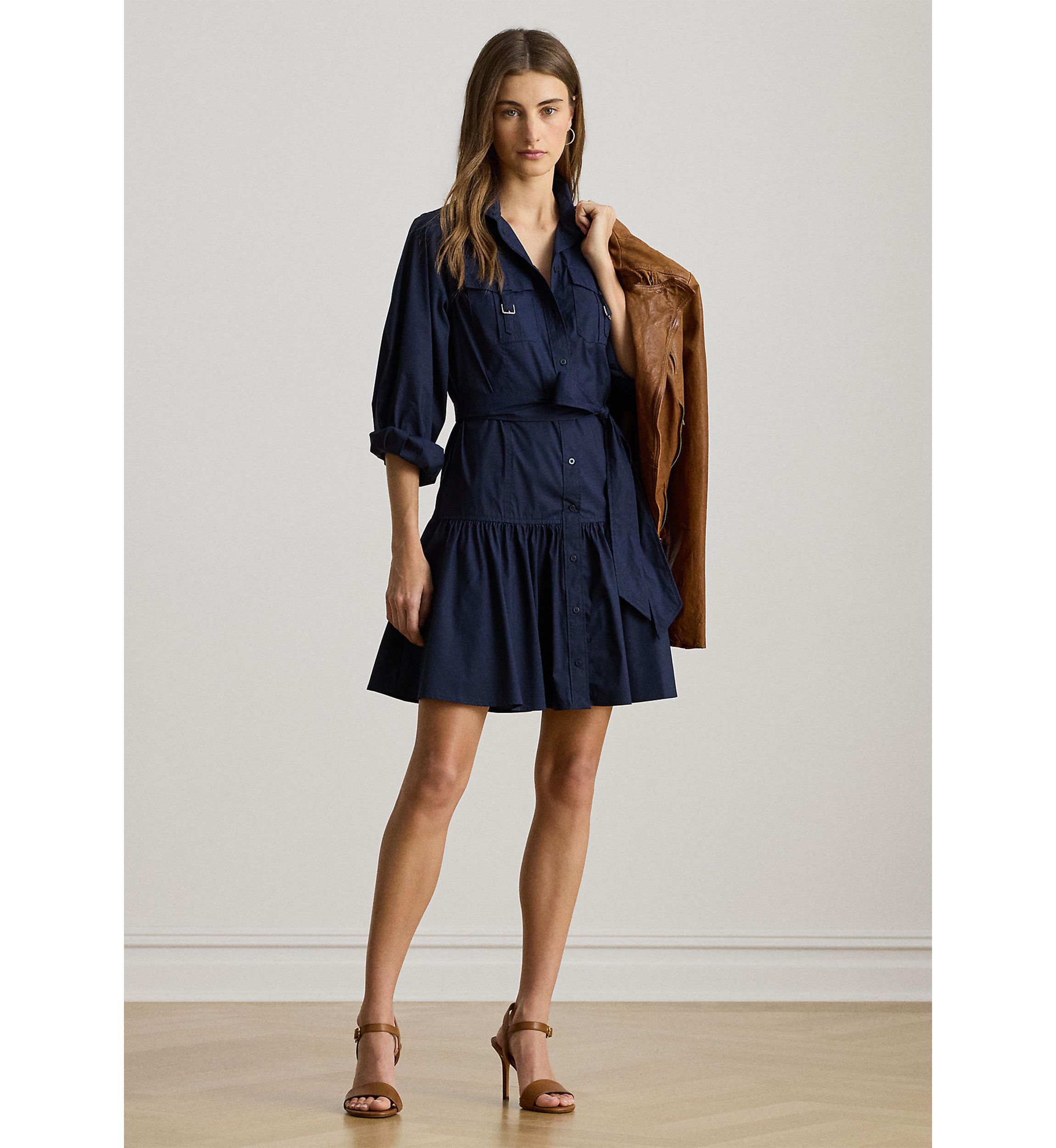 Womens Buckle-Trim Cotton-Blend Dress