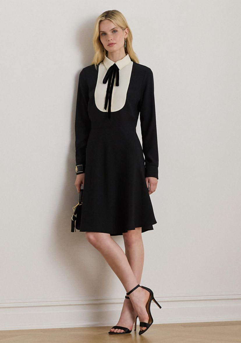 Womens Two-Tone Georgette Tie-Neck Dress