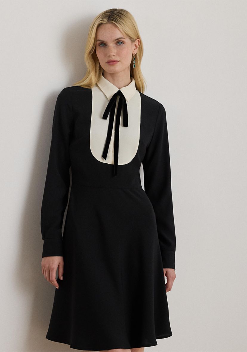 Womens Two-Tone Georgette Tie-Neck Dress