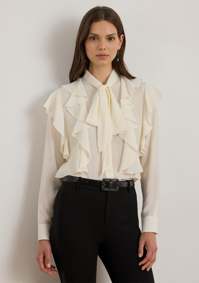 Womens Ruffle-Trim Georgette Tie-Neck Blouse