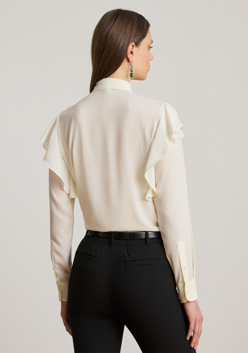 Womens Ruffle-Trim Georgette Tie-Neck Blouse