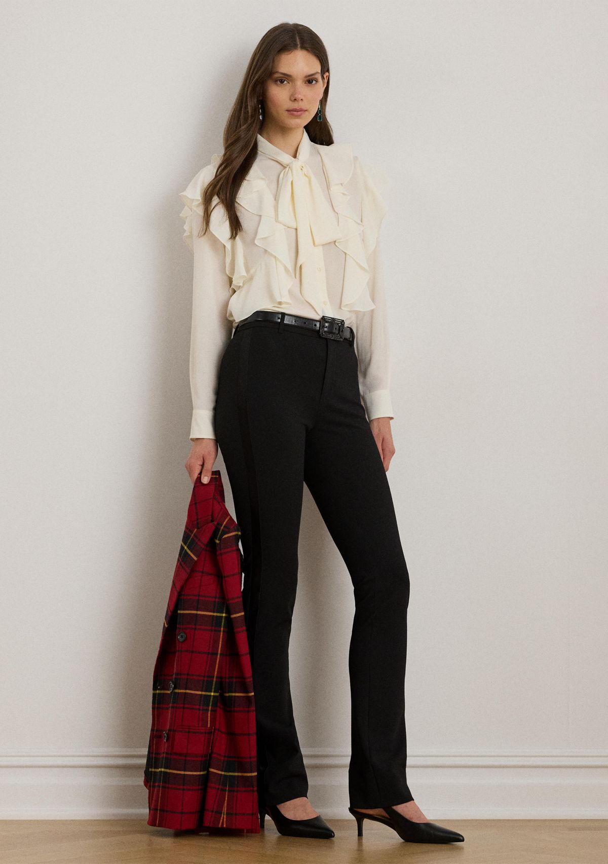 Womens Ruffle-Trim Georgette Tie-Neck Blouse