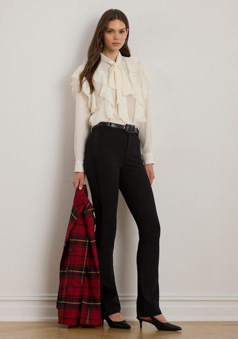 Womens Ruffle-Trim Georgette Tie-Neck Blouse