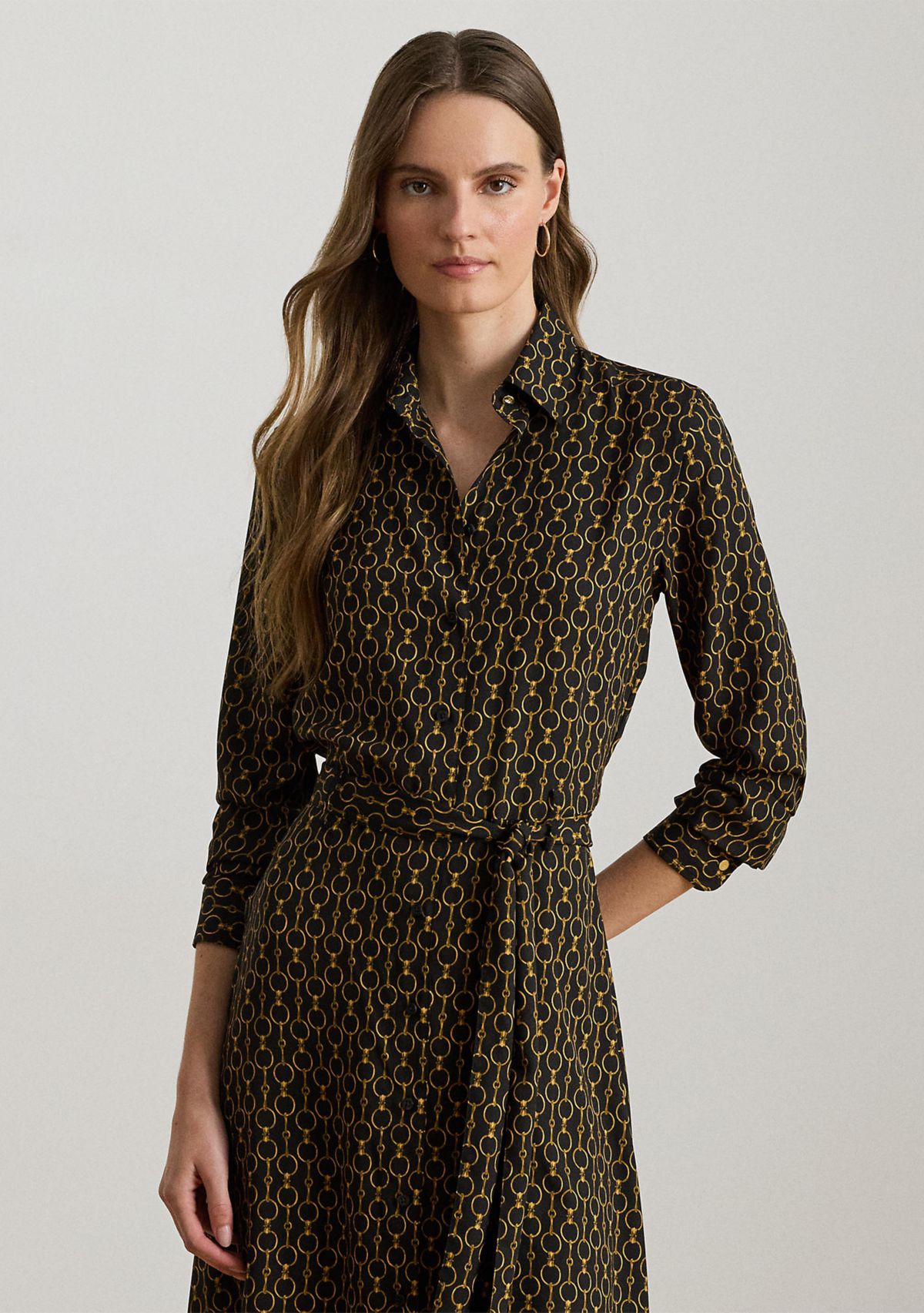 Womens Chain-Print Crepe Shirtdress