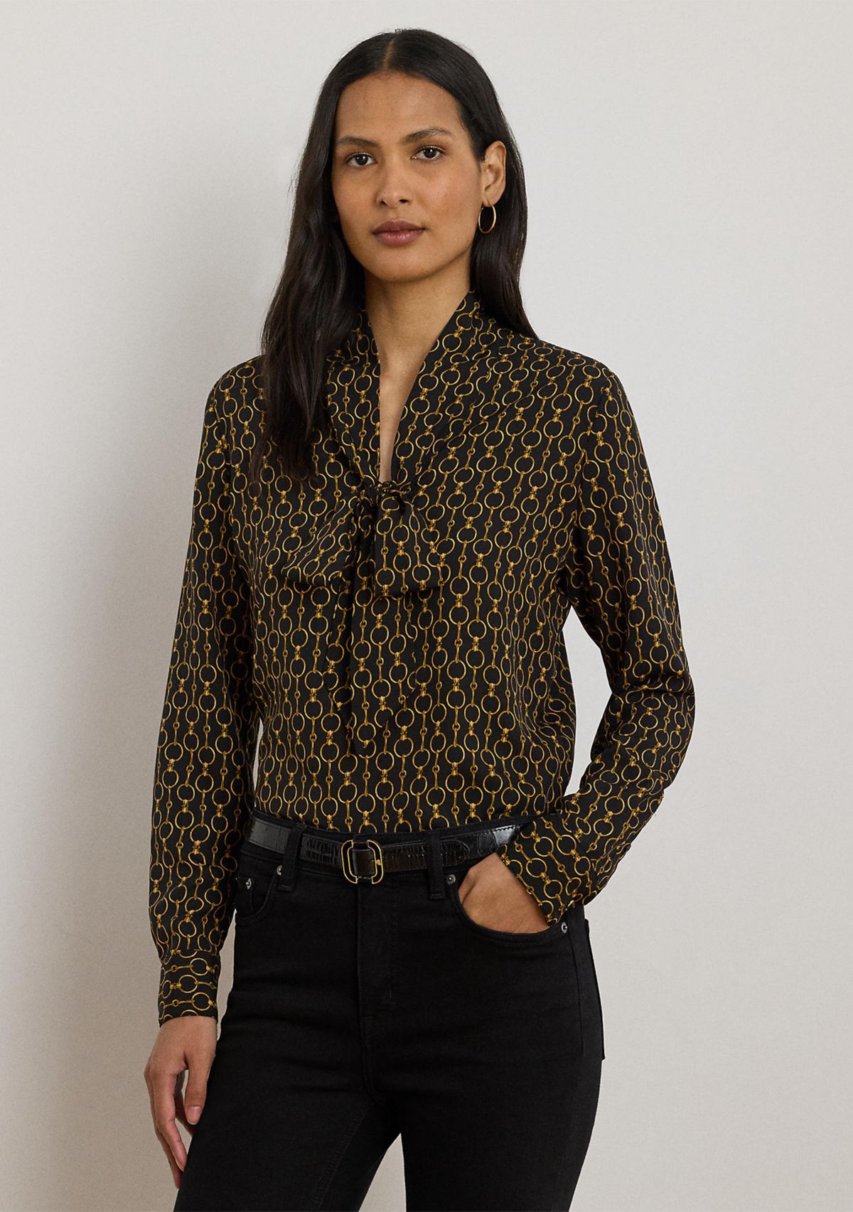 Chain-Print Crepe Tie-Neck Blouse