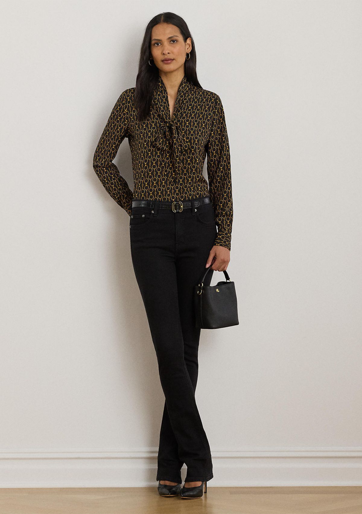 Chain-Print Crepe Tie-Neck Blouse