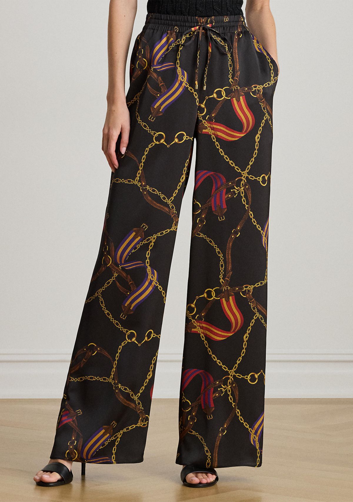Womens Belting-Print Charmeuse Wide-Leg Pants